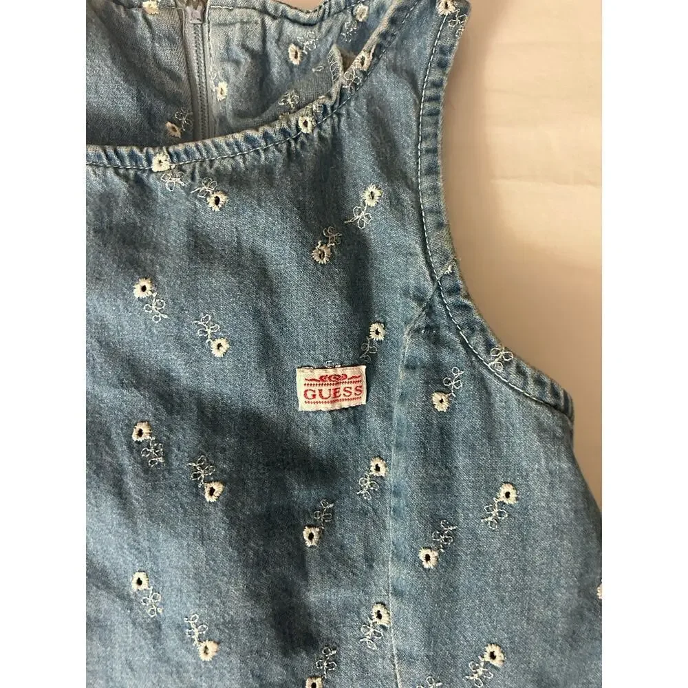 Vintage Guess Denim Dress Girls 7 Floral Sleeveless 90s Y2K Style